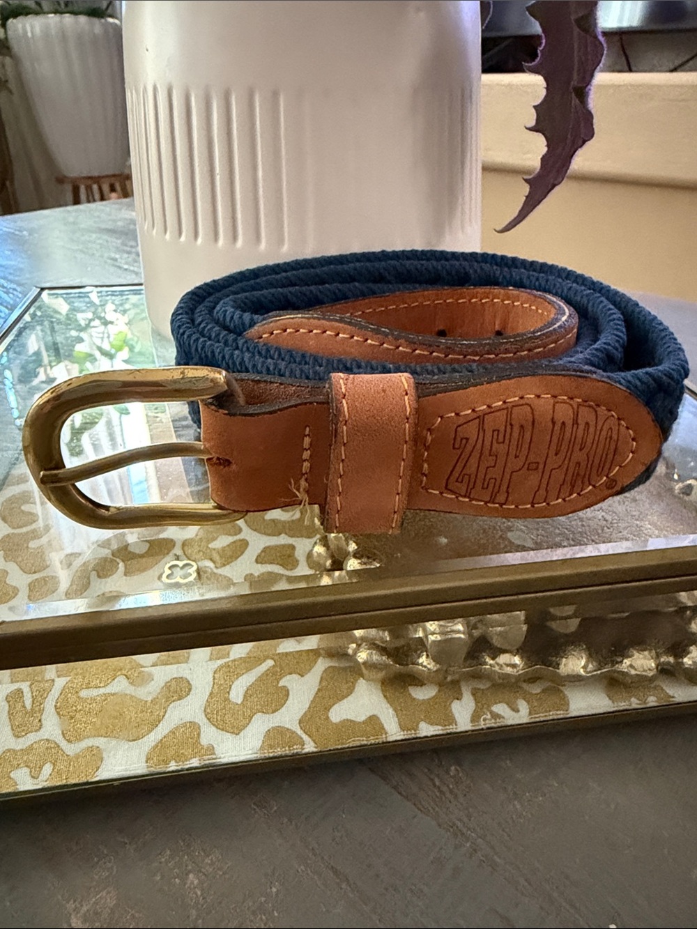 Zep-Pro Navy Woven Belt with Tan Leather Trim and Brass Buckle